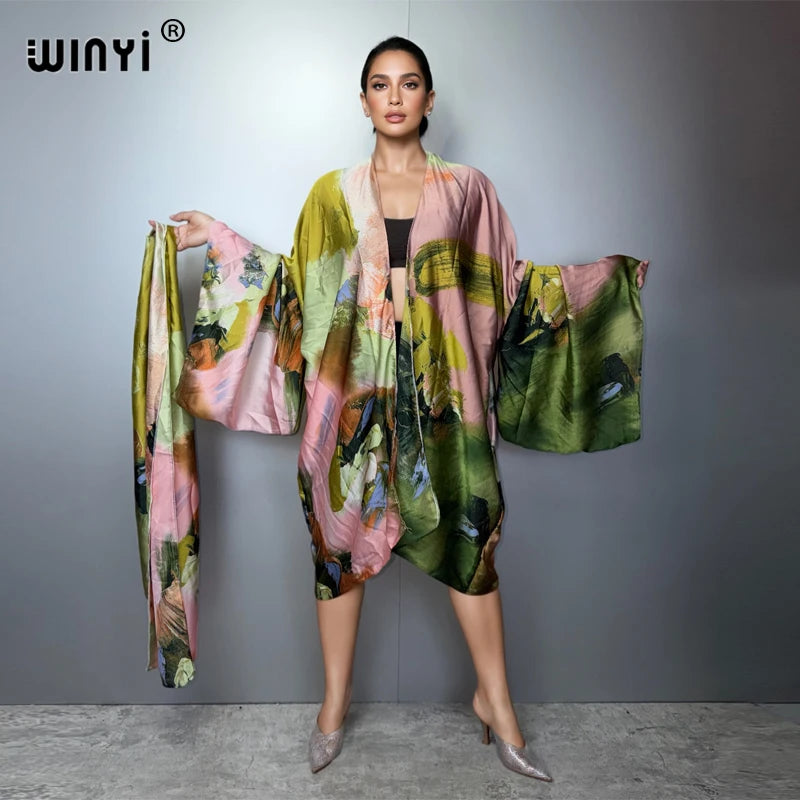 WINYI kimono beach outfits women Swim Suit Cover up boho Cardigan stitch Self Belt Holiday long Sleeve coat holiday kaftan coat - Matrix Studios