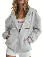 Women's Hoodie - Cozy Brown Zip-Up with White Print Casual Long Sleeve Sweatshirt  Drop Shoulder Design Relaxed Fit Winter W - Matrix Studios