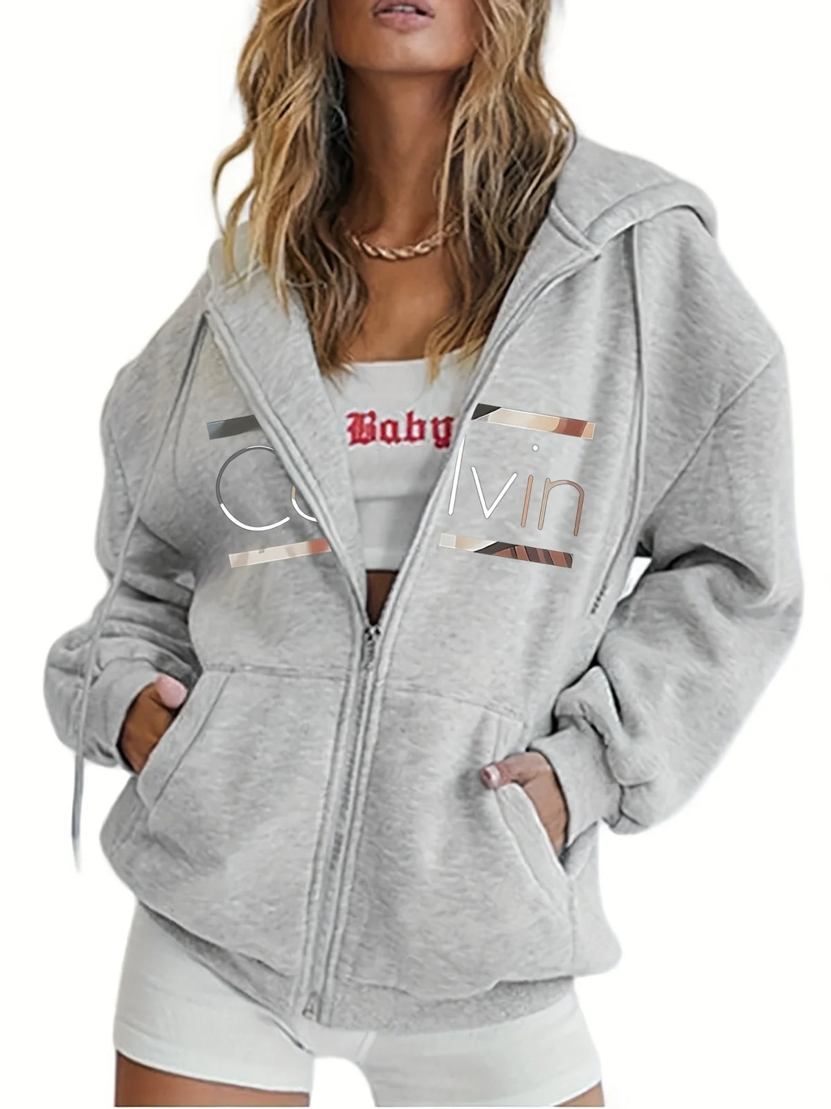 Women's Hoodie - Cozy Brown Zip-Up with White Print Casual Long Sleeve Sweatshirt  Drop Shoulder Design Relaxed Fit Winter W - Matrix Studios