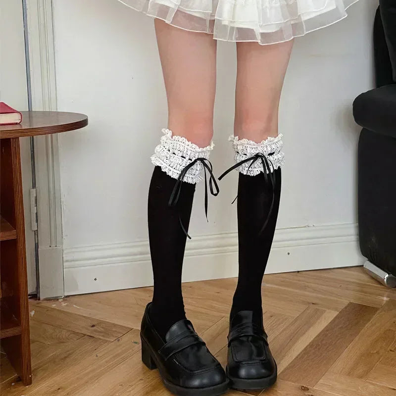 Lolita Over Knee-high Socks Cotton Sweet Lace Bow Ribbon Kawaii Calf-length Socks Thigh-high Stockings JK Cosplay Accessories - Matrix Studios