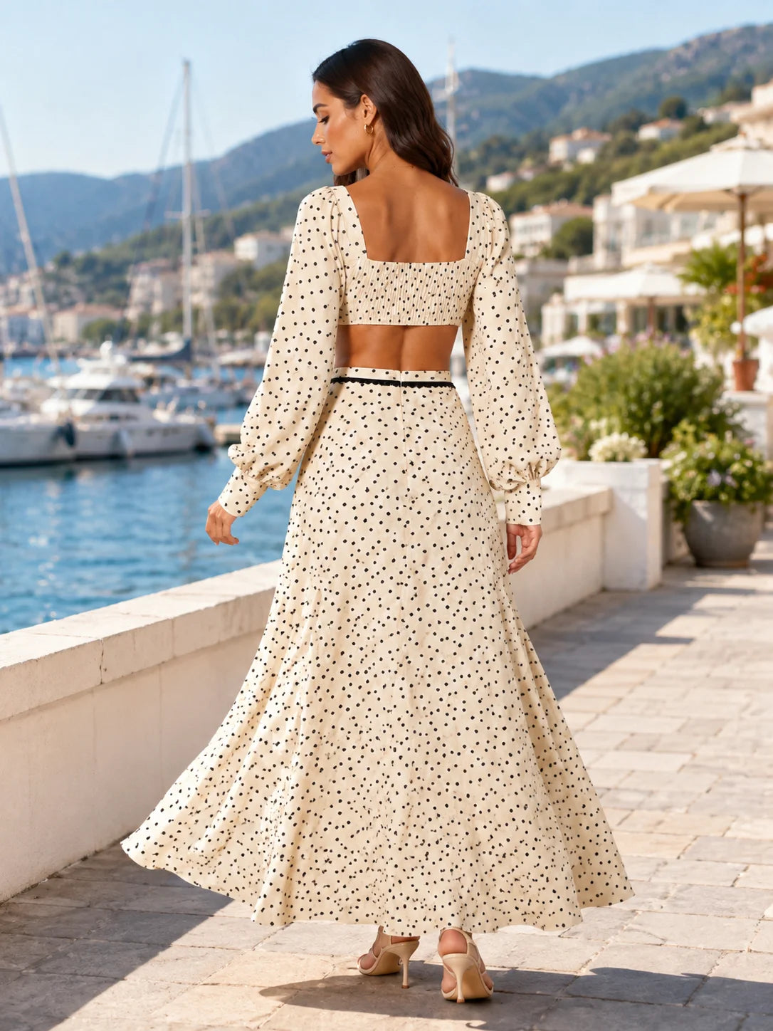 Women 2 Piece Boho Matching Sets, Integrated Puff Long Sleeve Cutout Back Tie‑Front Crop Top & High Waist Flowy Polka Dot Maxi Skirt, Summer Beach Vacation Co‑Ord Outfits - Matrix-studios.com