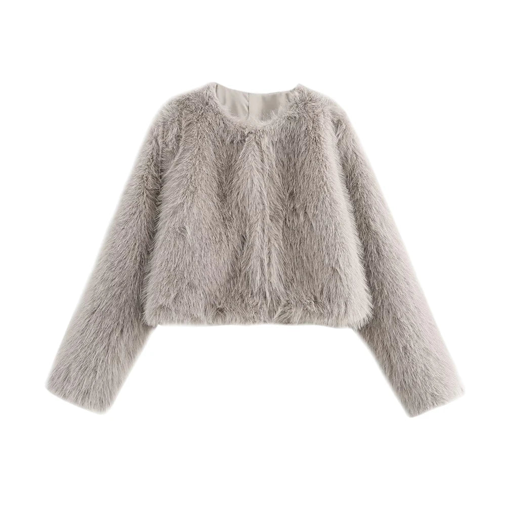 Women's Thick Warm Faux Fur Cropped Jacket, O Neck, Long Sleeve, Female Outerwear, Chic Tops, Fashion - Matrix Studios