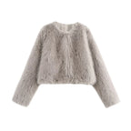 Women's Thick Warm Faux Fur Cropped Jacket, O Neck, Long Sleeve, Female Outerwear, Chic Tops, Fashion - Matrix Studios