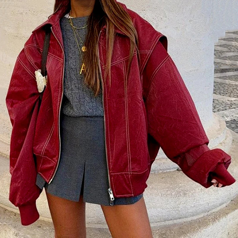 Fashion Lapel Wine Red Leather PU Jacket Autumn Winter Women's Jackets Vintage Long Sleeve Crop Coats Belt High Street New Coat - Matrix Studios