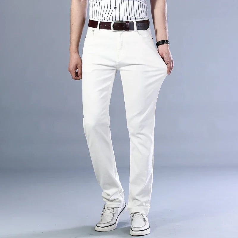 Men's Jeans Pure White Fashion Elastic Slim Youth Slimming Straight Leg Male Pants Business Casual Middle Age High End Trousers - Matrix Studios