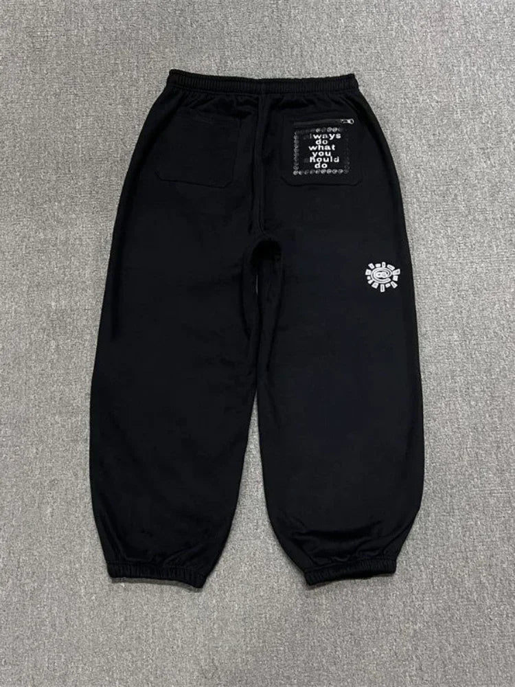 HOUZHOU Vintage Graphic Fleece Sweatpants Women Casual Classic Gray Black Wide Leg Warm Trouser Thick Jogger Hip Hop Winter 2024 - Matrix-studios.com