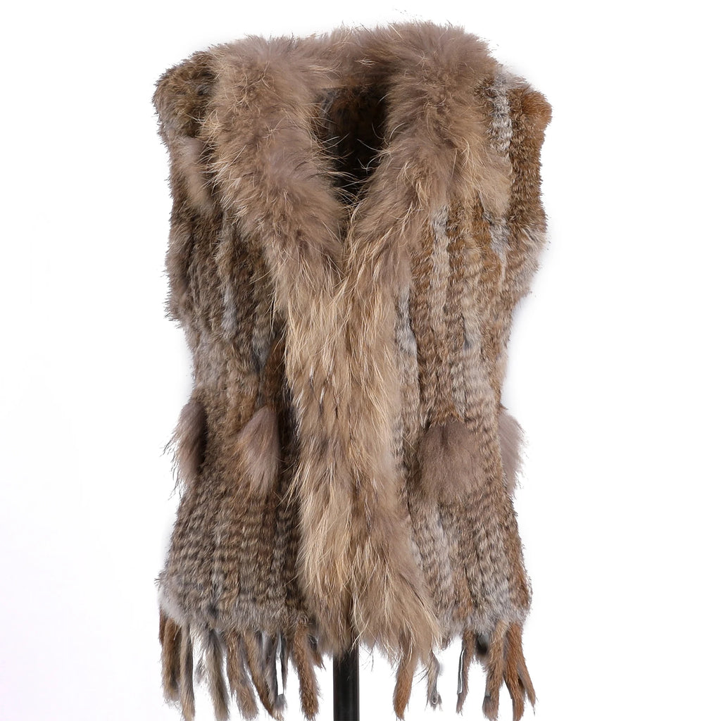 BOONJOVIA Women's 100% Real Rabbit Fur Knitted Vest Raccoon Fur Trim Collar Gilet Lady Fashion Waistcoat For Autumn Winter - Matrix Studios
