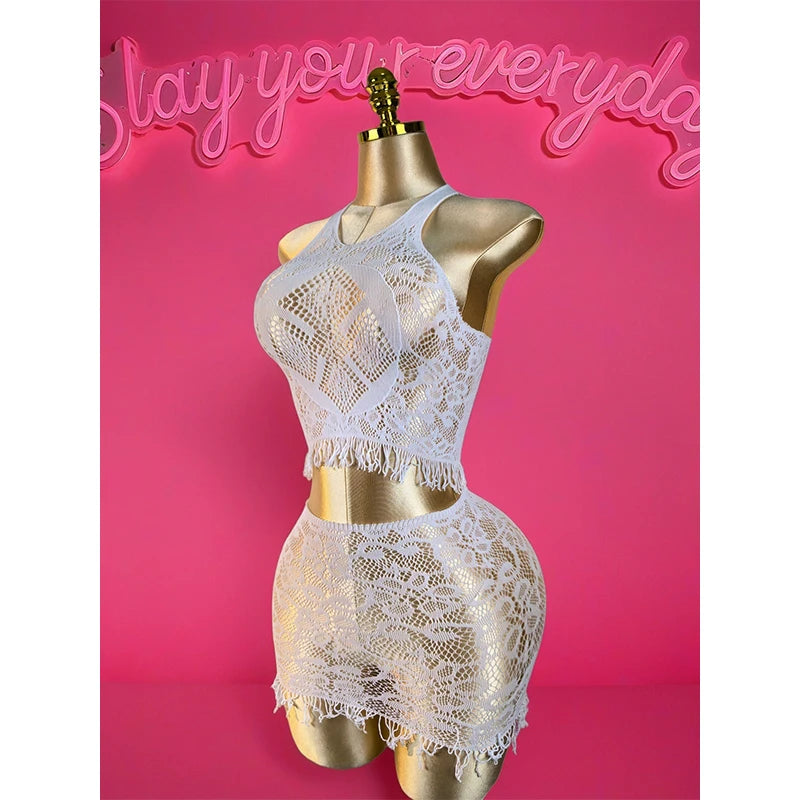 1 Set  Sexy Women Fishnet Cover Ups Hollow Out Bodycon Women's Swimwear See through Tassel Dress without Bikini Beachwear DS041 - Matrix Studios