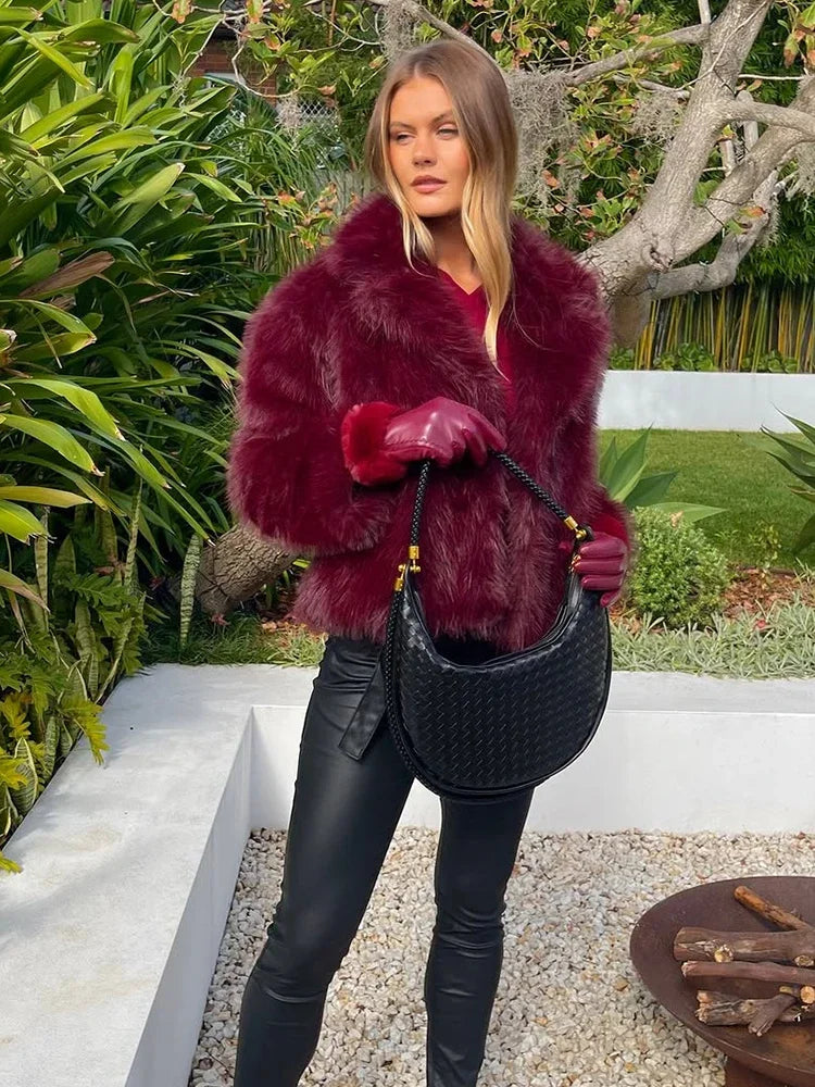 Wine Red Faux Fur Coat Women Fashion Lapel Long Sleeve Single Breasted Short Jackets 2025 Autumn Winter Lady Street Outwear - Matrix Studios