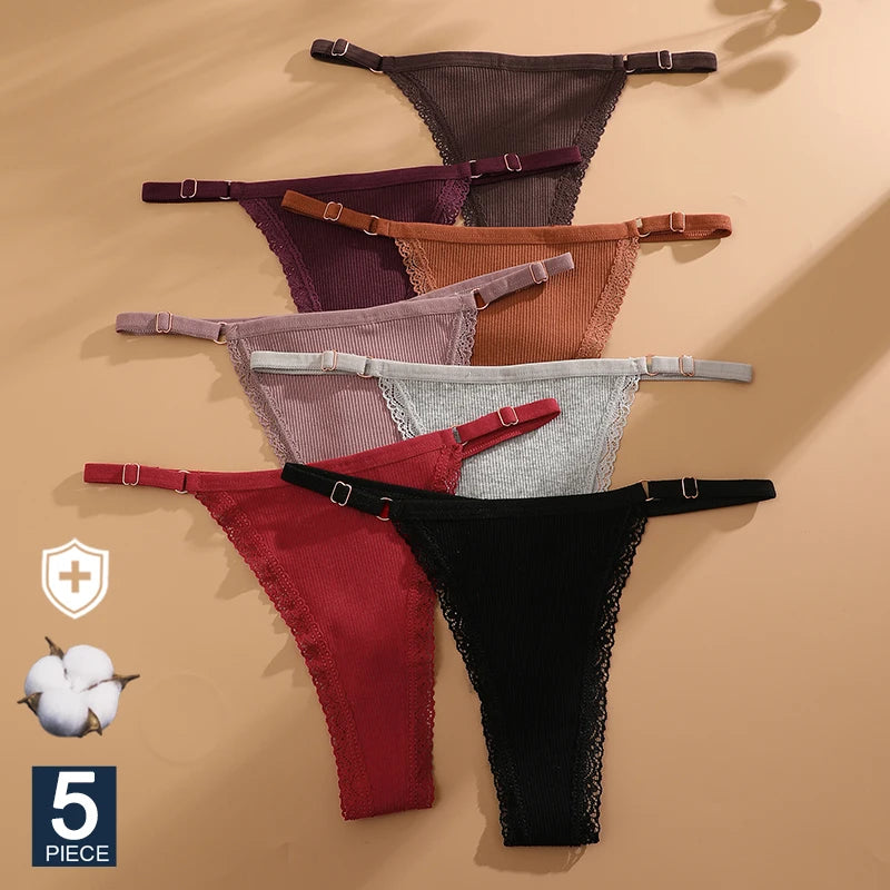 FINETOO 5PCS/Set Sexy G-string Panties Cotton Women's Underwear  Adjustable Waist Girl Female Pantys Bikini Lady Thongs Lingerie - Matrix Studios