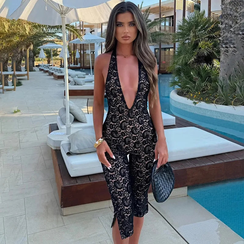 Avrilyaan Lace Seven-Point Long Pants Bodycon Sexy Party Deep V Playsuits Women Rompers Womens Jumpsuit 2025 Summer Overalls - Matrix Studios