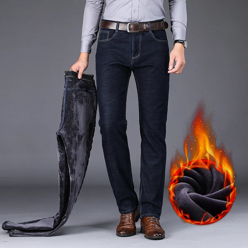 New Men's Fleece Warm Jeans Winter Thicken Plush Velvet Business Office Denim Trousers Brand Clothing Stretch Casual Male Pants - Matrix Studios