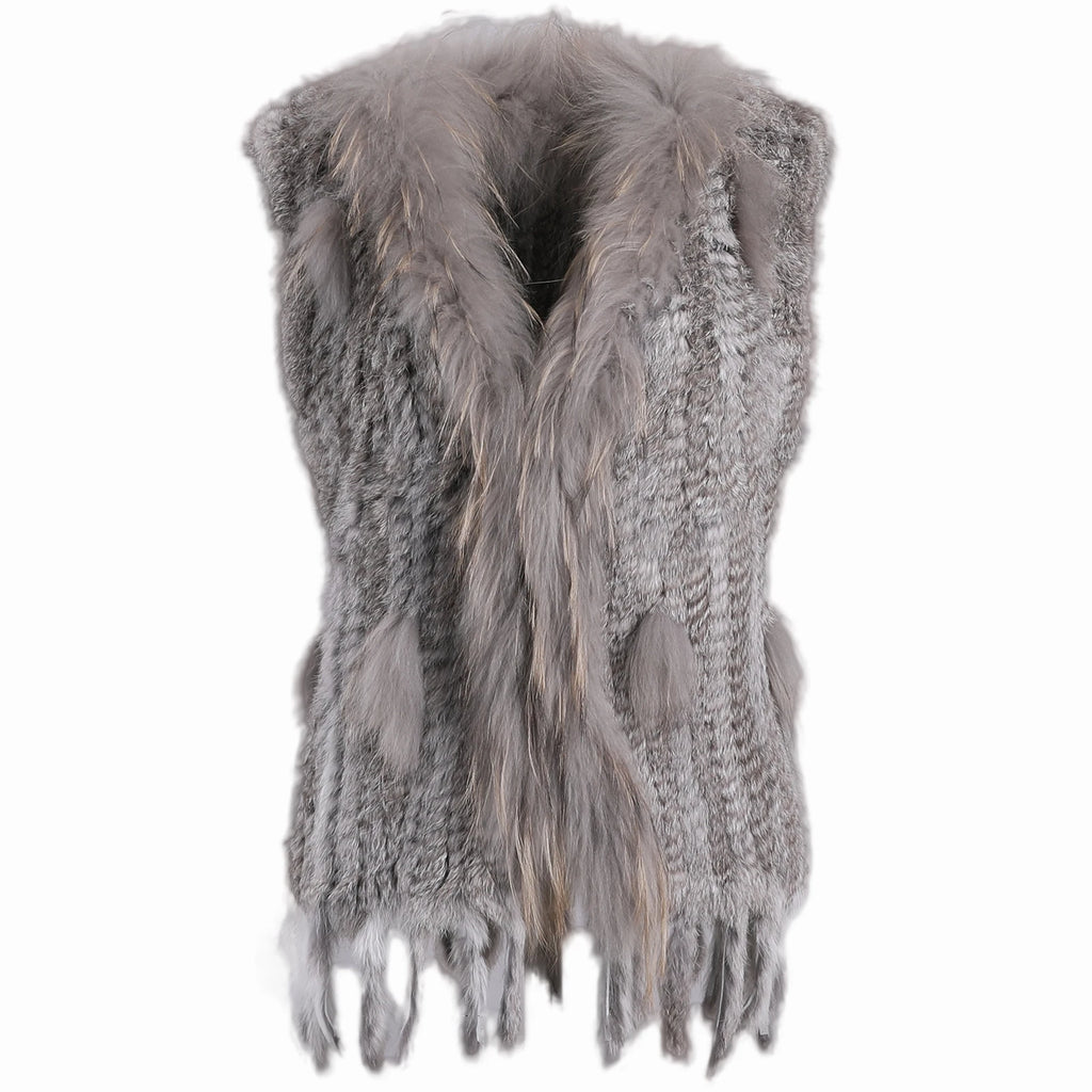 BOONJOVIA Women's 100% Real Rabbit Fur Knitted Vest Raccoon Fur Trim Collar Gilet Lady Fashion Waistcoat For Autumn Winter - Matrix Studios