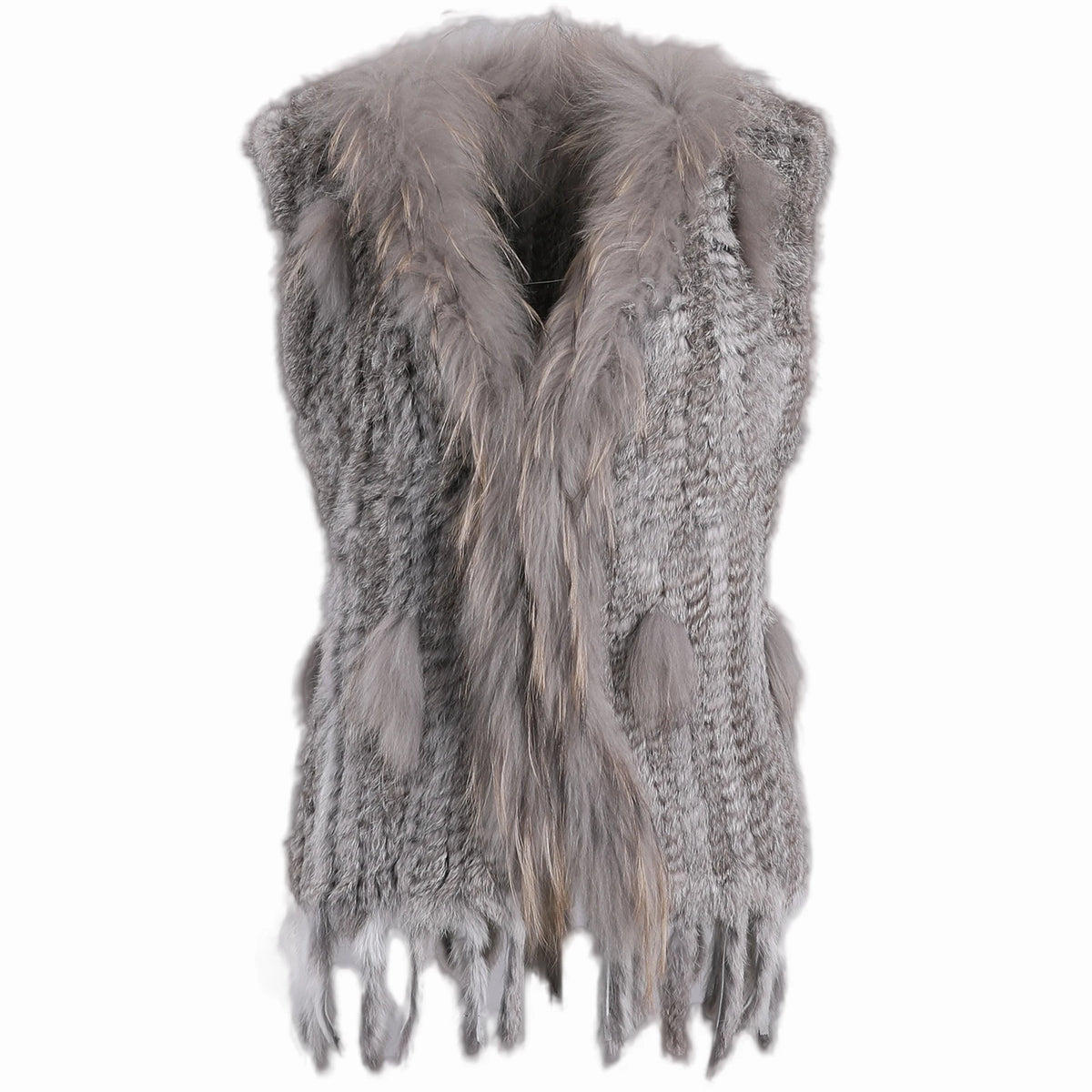 BOONJOVIA Women's 100% Real Rabbit Fur Knitted Vest Raccoon Fur Trim Collar Gilet Lady Fashion Waistcoat For Autumn Winter - Matrix Studios