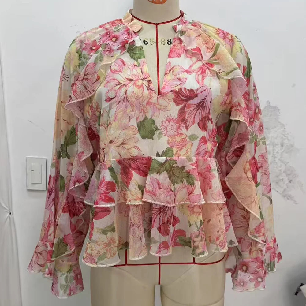 Women New Fashion Summer Casual Chic Women Blouse V-Neck Tiered Long Sleeve Loose Shirts Vintage Style Tops 3130359 - Matrix-studios.com