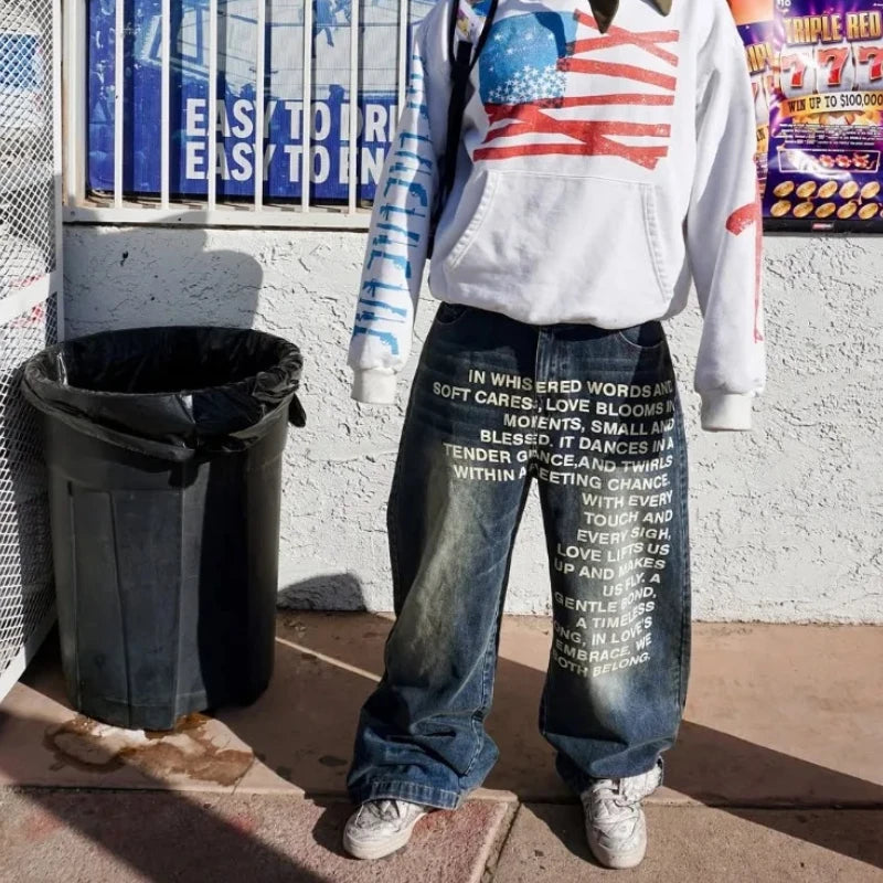American Retro Patterned Alphabet Men Jeans Personalized Street Clothing Y2K Goth Men and Women Fashion Casual Pants - Matrix Studios