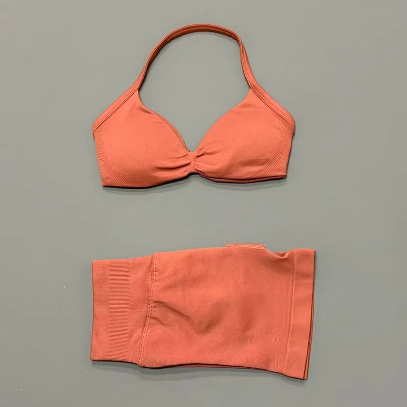 HISTELLO Gym Set 2 Piece Women Strappy Yoga Bra Top Workout Scrunch Shorts Sports Suit Fitness Clothes Seamless Yoga Set - Matrix-studios.com