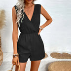 Jump Suit Women Overalls Playsuits Vacation One Pieces Outfits Romper Summer Casual Cross V-neck Sleeveless Solid Short Female - Matrix Studios