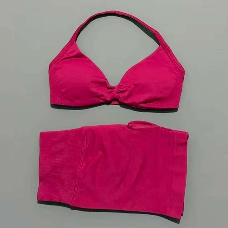 HISTELLO Gym Set 2 Piece Women Strappy Yoga Bra Top Workout Scrunch Shorts Sports Suit Fitness Clothes Seamless Yoga Set - Matrix-studios.com
