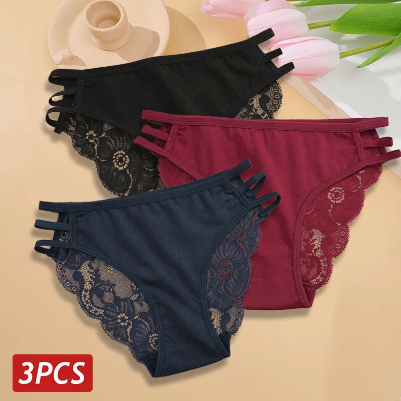3PC/Set Women's Sexy Floral Lace Panties Low Rise Hollow Out Briefs Transparent Underwear Female Elastic Straps Soft Lingerie - Matrix Studios
