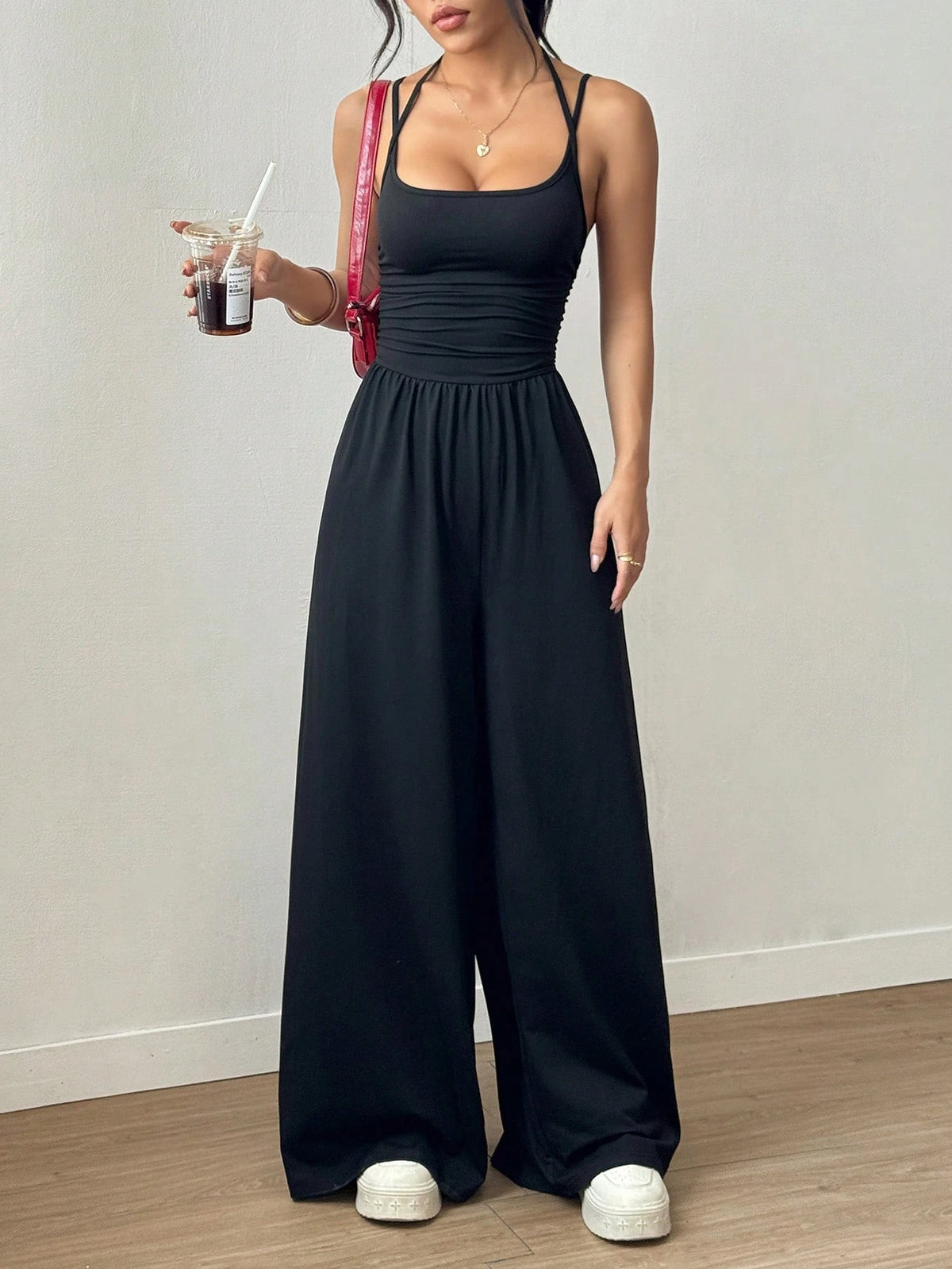 Women's Casual Solid Color Pleating Loose Straight Jumpsuit A-line Backless Halter Neck Slim Cami Jumpsuit Streetwear 2025 - Matrix Studios