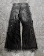 Streetwear Goth Punk Multi-Pocket Cargo Jeans Mens Black Distressed Flared Denim Pants with Straps Zippers Studs  Frayed Edges - Matrix Studios