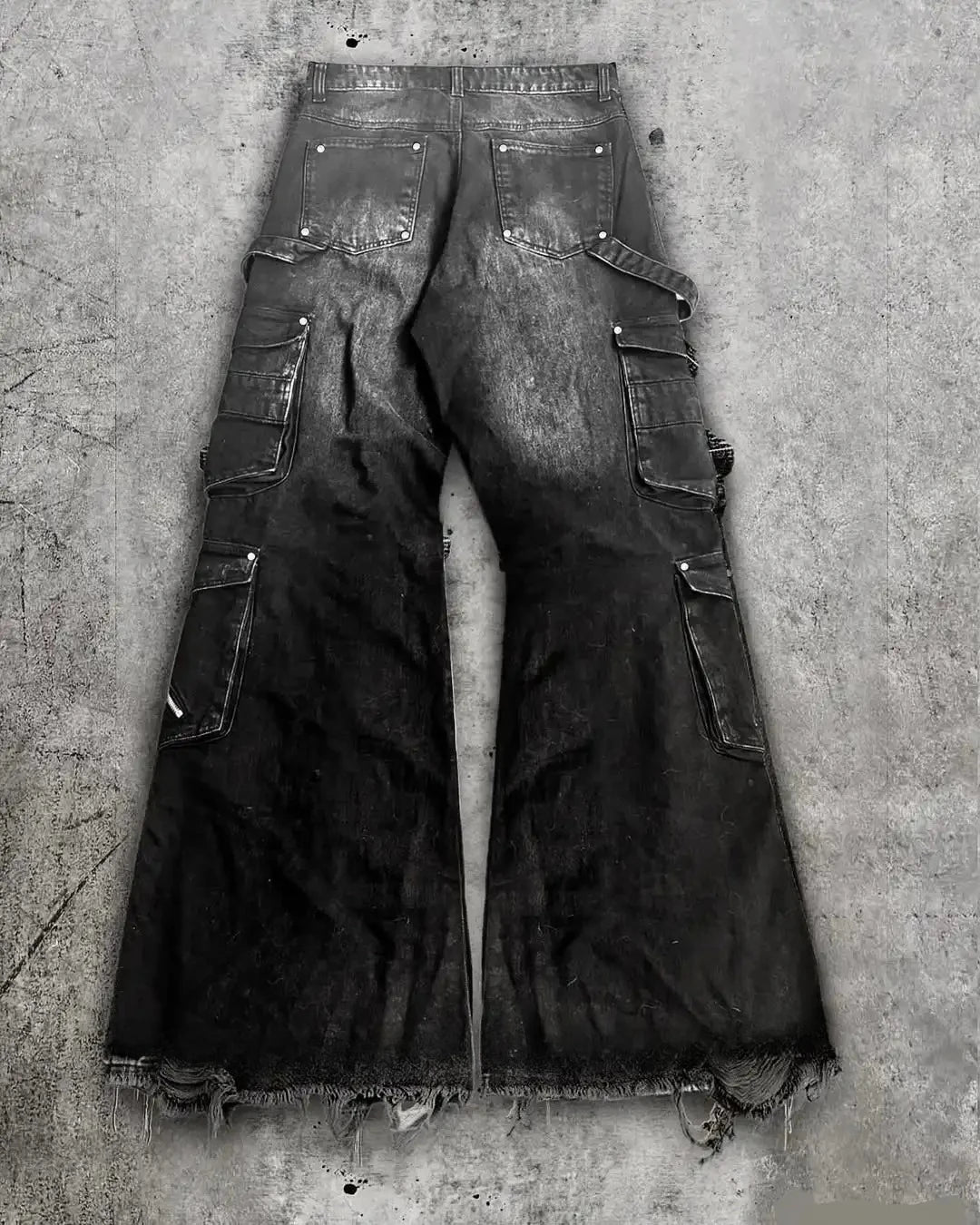 Streetwear Goth Punk Multi-Pocket Cargo Jeans Mens Black Distressed Flared Denim Pants with Straps Zippers Studs  Frayed Edges - Matrix Studios