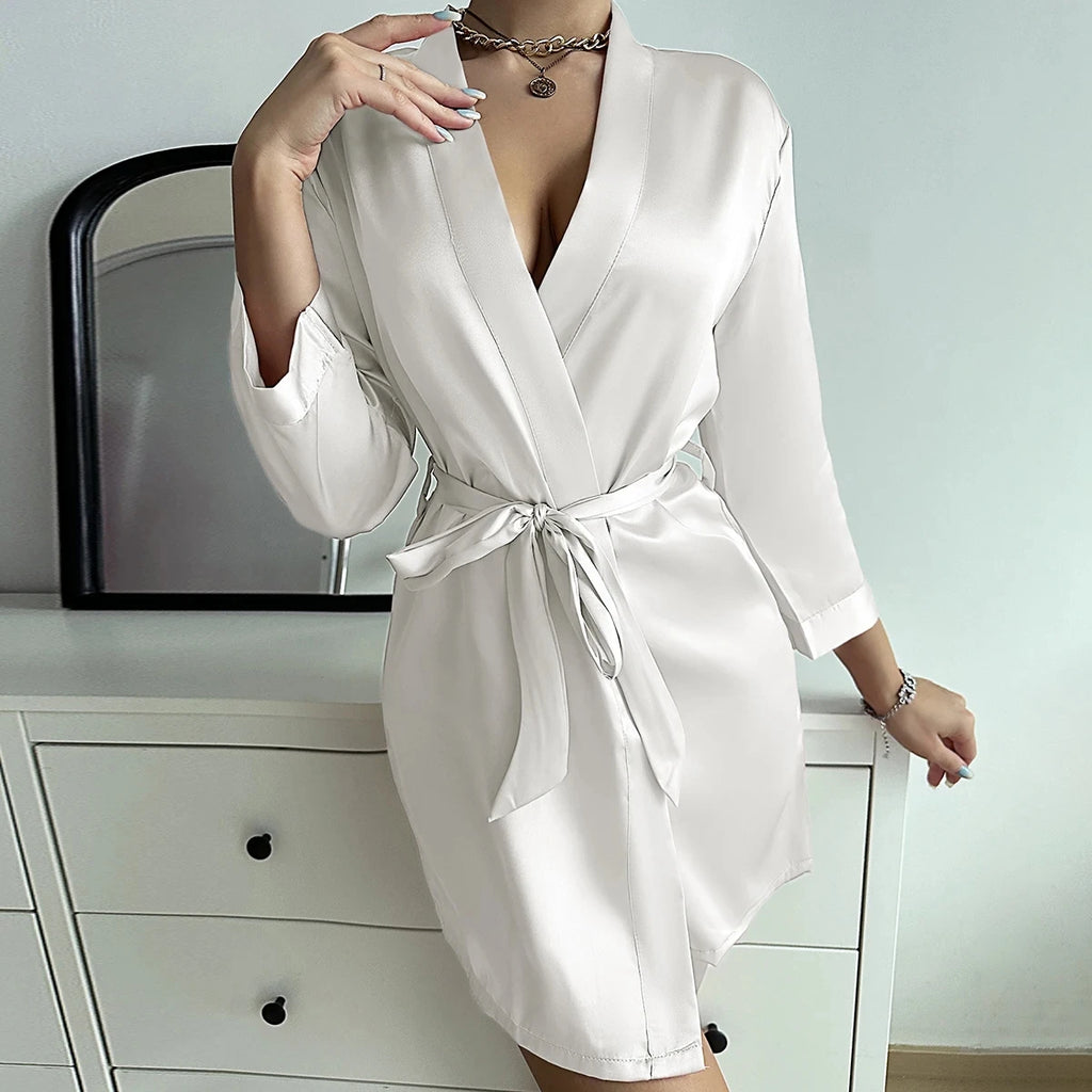Pajamas women summer European and American ladies lace-up bathrobe sexy morning gown home dress can wear ice silk robe - Matrix-studios.com