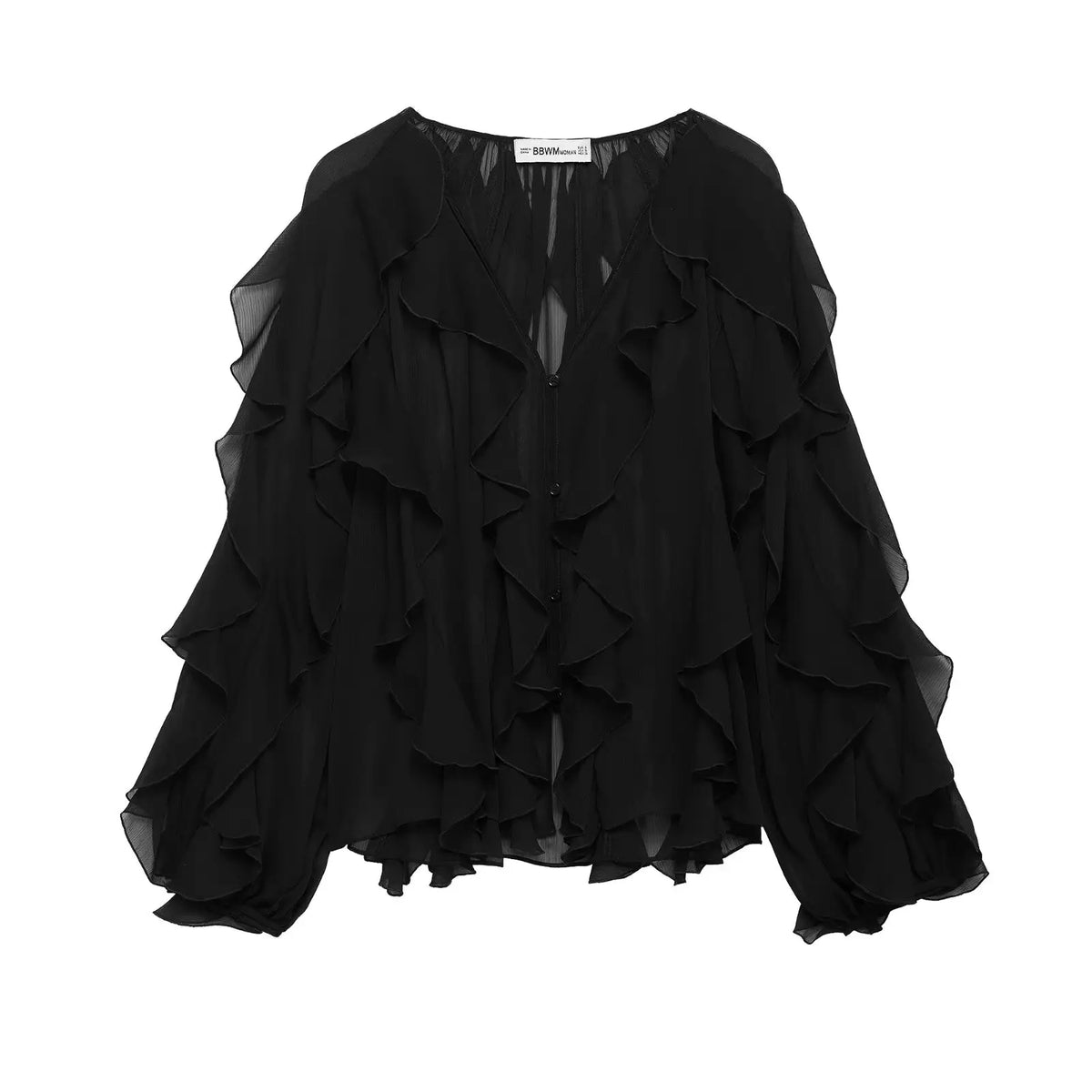 DUOPERI Women Fashion Solid Ruffled Blouse Vintage V-Neck Long Sleeves Female Chic Lady Shirts - Matrix-studios.com