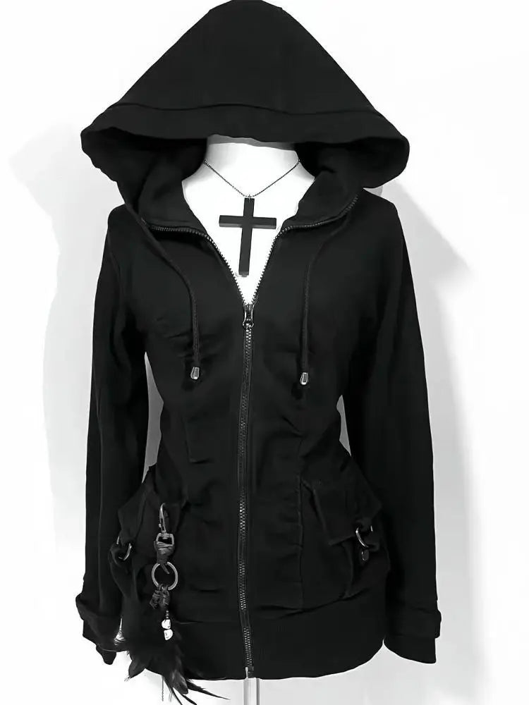 Black Fashion New Trend Women Casual Hoodie Retro Gothic Sweatshirts Hip Hop Punk Style Multifunctional High Street Cardigan