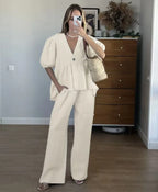 2025 New Women Solid Color V-Neck Bubble Short-Sleeved Trousers Suit Summer Women Short T-Shirt Top + Long Pants Two Peice Sets - Matrix-studios.com