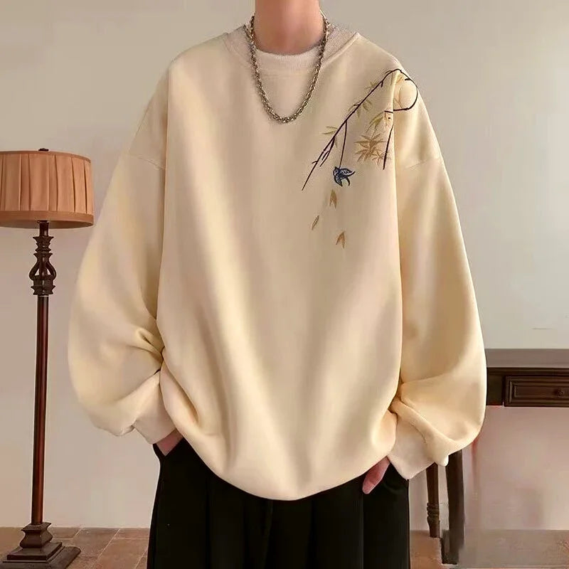 New Chinese Bird Print M-8XL Men Oversized Sweatshirt Fashion Loose Long Sleeve Couple Clothes - Matrix Studios