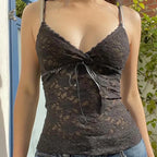 Black See Through Lace Cami Crop Tops Women Summer Y2K Clothes Sleeveless V Neck Sexy Tanks Camis Aesthetic 2000s Gothic Tees - Matrix-studios.com