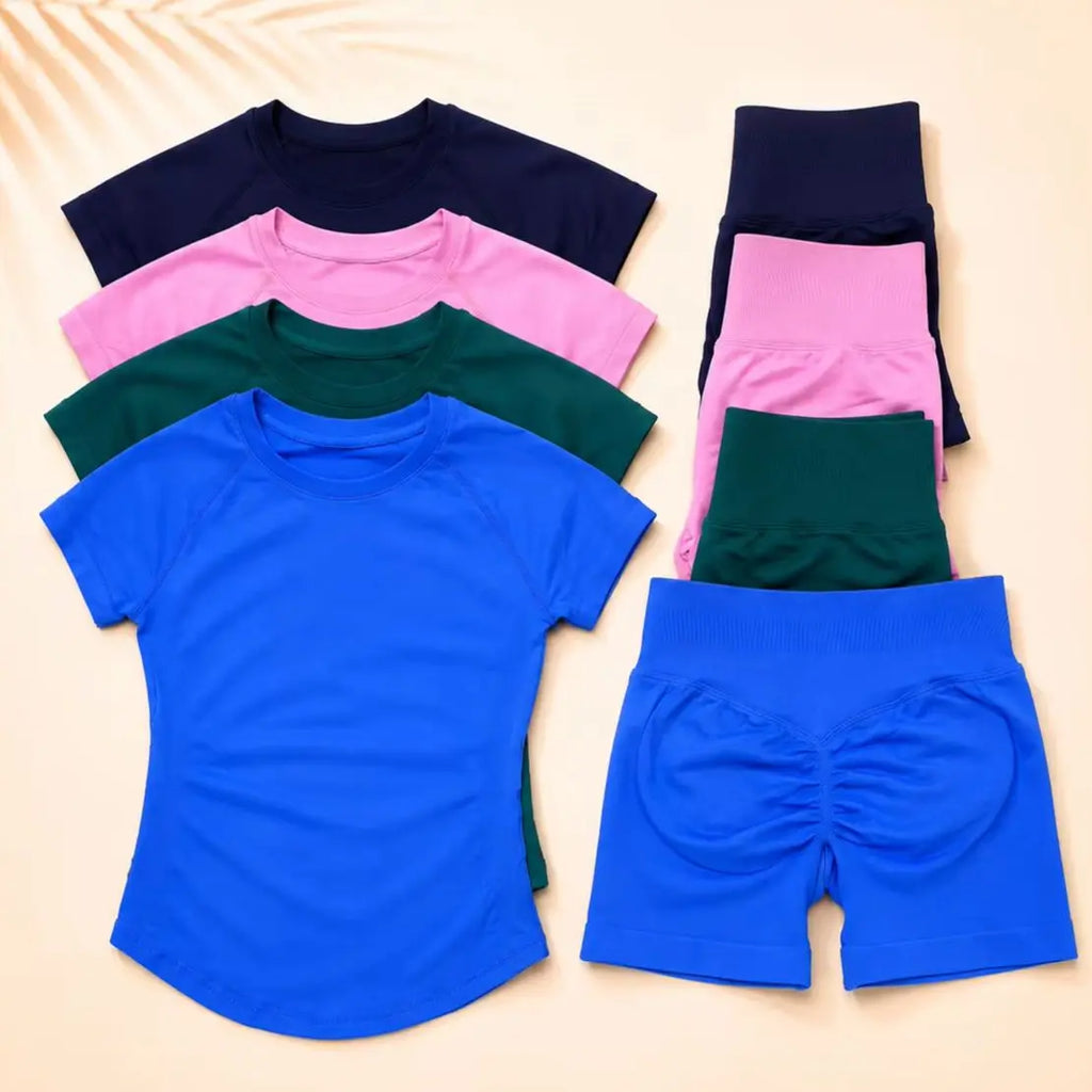 Women Short Sleeve Yoga Set Gym Workout Outfit Fitness Activewear Seamless Sportswear Running Exercise Shorts Set