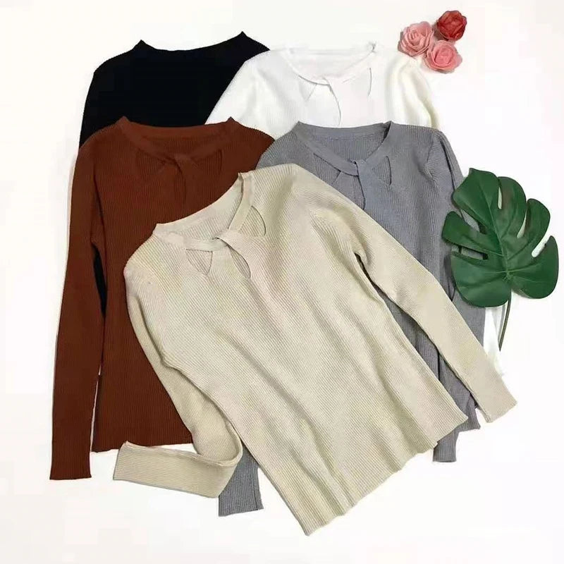 2026 Women's O-neck Stretch Sexy Pullover Lady Spring Autumn Hollow Solid Color Sweater Slim Bottoming Shirt Jumper Sueter - Matrix Studios