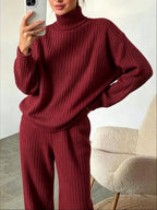 Women Turtleneck Knit 2 Piece Outfit Ribbed Long Sleeve Sweater Tops Wide Leg Pants Set Casual Loose Loungewear Tracksuit Daily Homewear