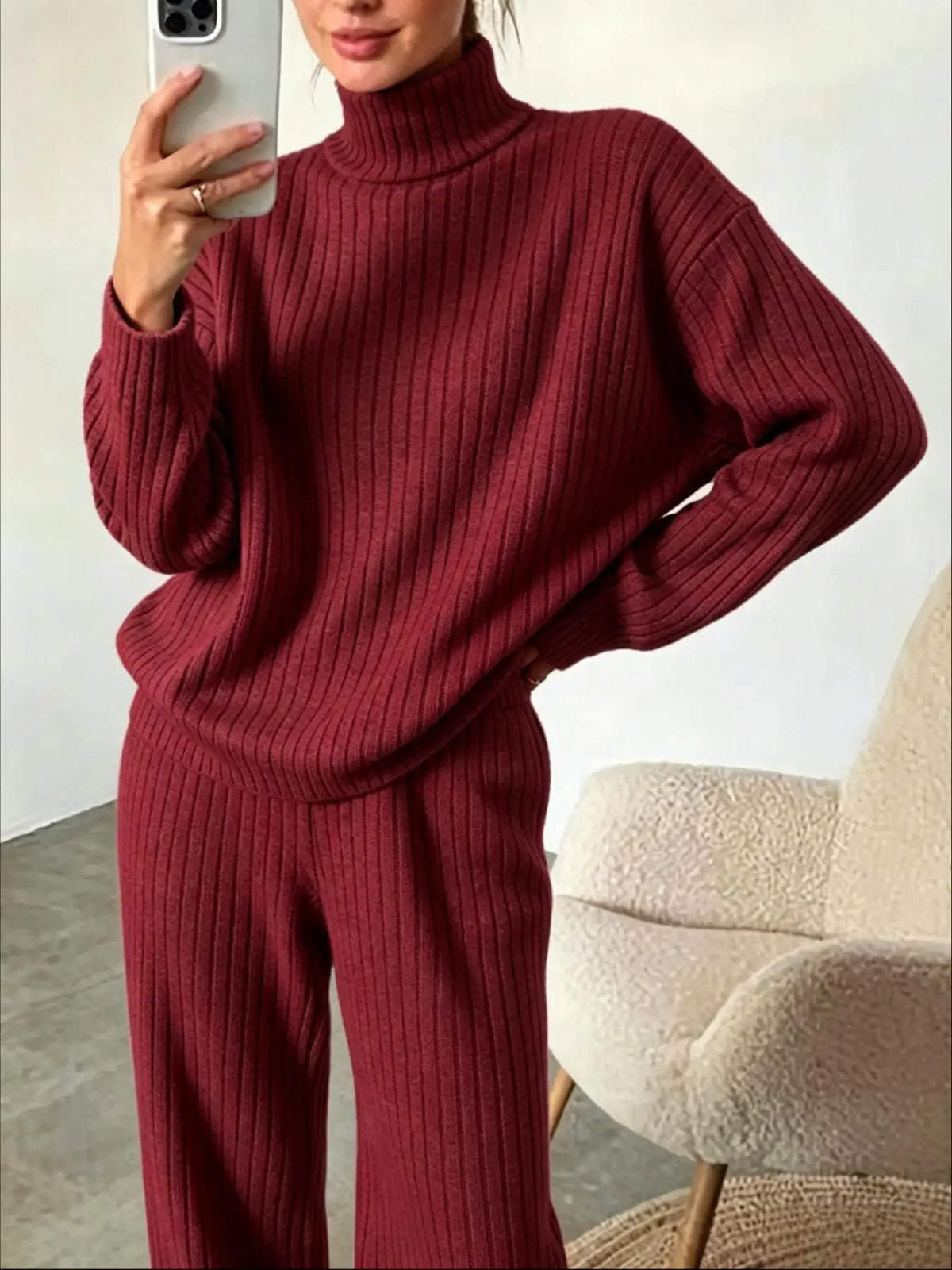 Women Turtleneck Knit 2 Piece Outfit Ribbed Long Sleeve Sweater Tops Wide Leg Pants Set Casual Loose Loungewear Tracksuit Daily Homewear
