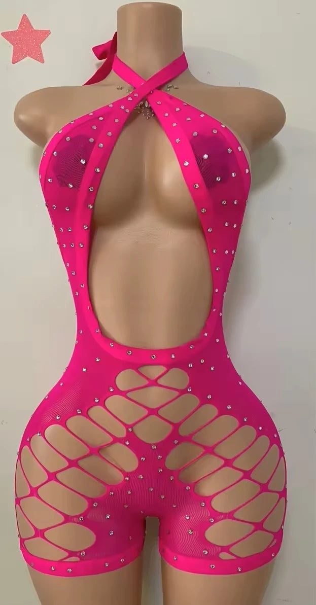 FAGADOER Sexy Hollow-out Rhinestone Patchwork Bodycon Rompers Woman Halter Sleeveless Backless Jumpsuits Female Party Clubwear - Matrix Studios