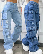 High Waist Multi Pocket Jeans Women 2025 New  Fashionable Solid Color Versatile Large Size Cargo Pants - Matrix-studios.com