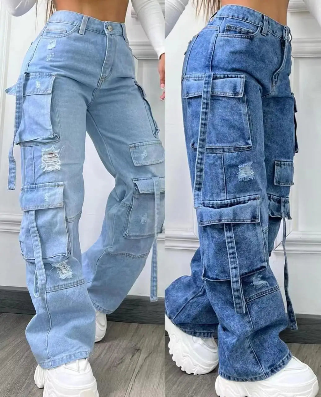 High Waist Multi Pocket Jeans Women 2025 New  Fashionable Solid Color Versatile Large Size Cargo Pants - Matrix-studios.com