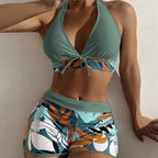15 Colors Swimwear Women Two-Piece Suit Patchwork Halter Bikini Top With High Waisted Boxer Bottom College Sporty Surfing Suit - Matrix-studios.com