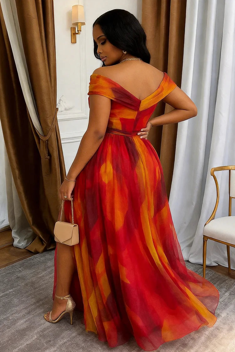 Women Off Shoulder Printed Maxi Gown With Front Slit For Wedding Guest Formal Evening Prom And Banquet Occasion - Matrix-studios.com