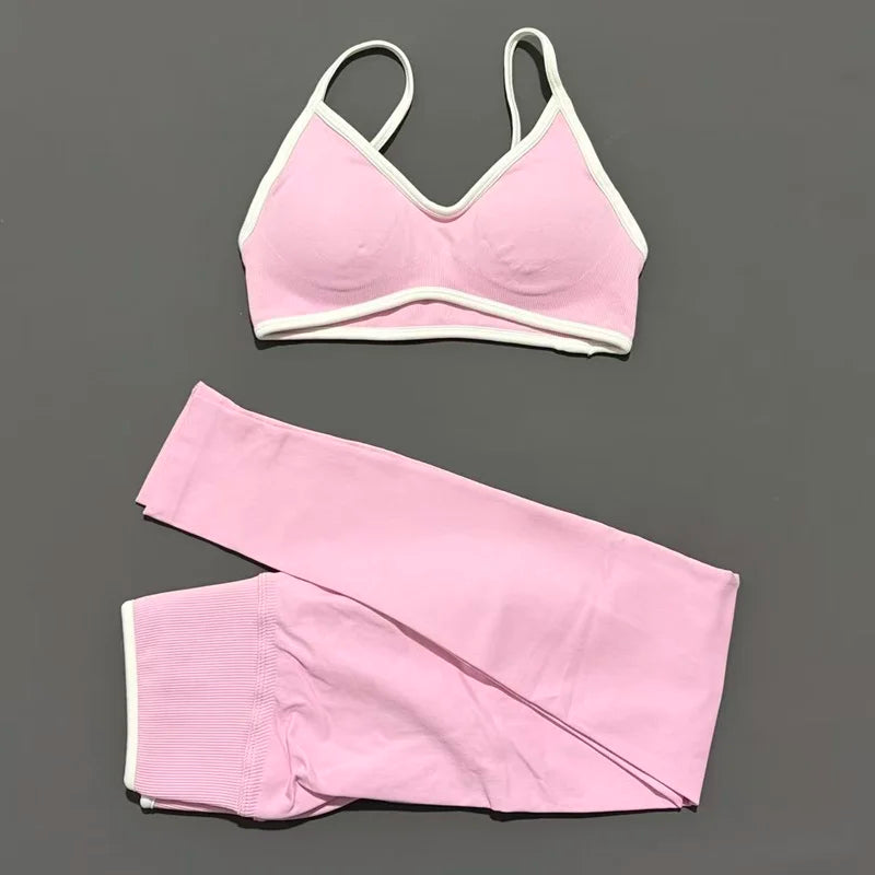 2Pcs HISTELLO Women's Seamless Yoga Fitness Set Ignite Sculpt Scrunch Leggings Strappy Halter Bra Gym Sports Fitness Outfit - Matrix-studios.com