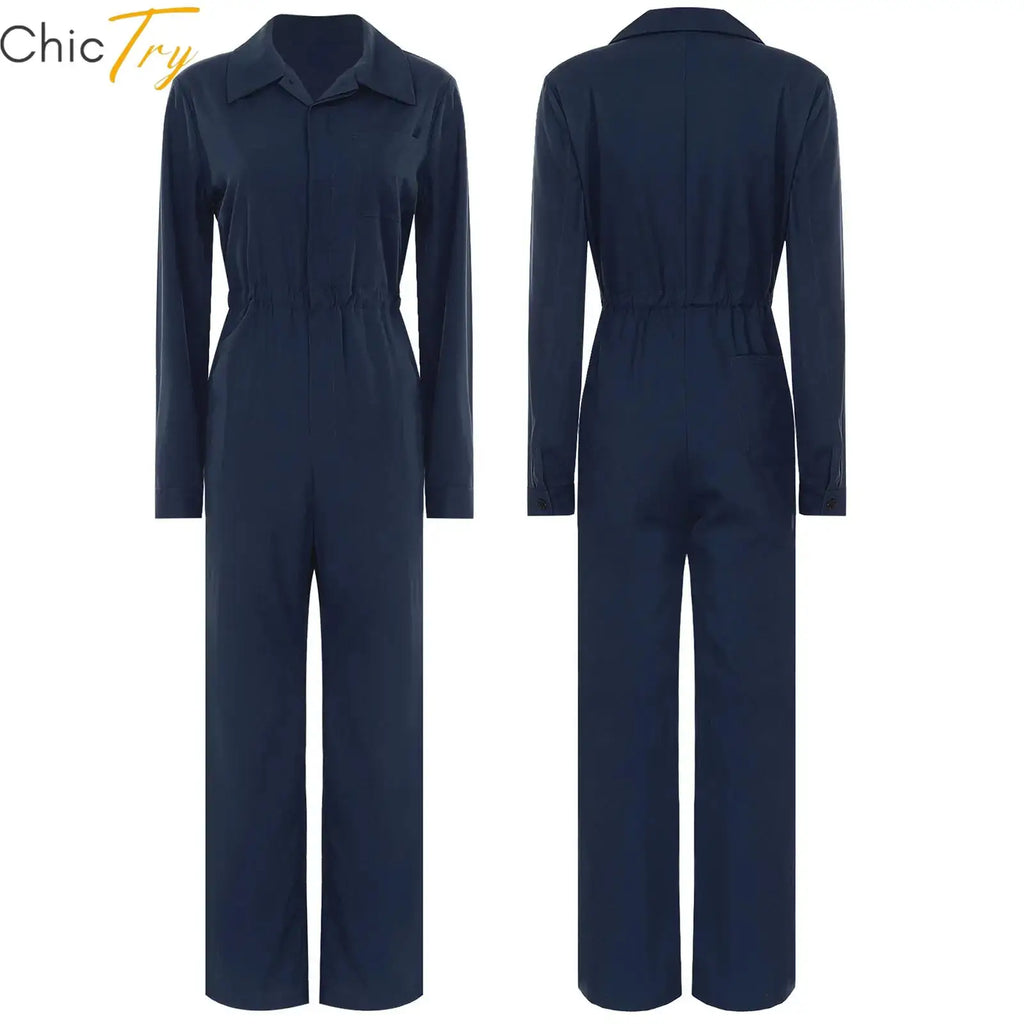 Womens Work Jumpsuit Fashion Button Coverall Casual Turn Down Collar Long Sleeve Romper Overall Elegant Button Front Design - Matrix Studios