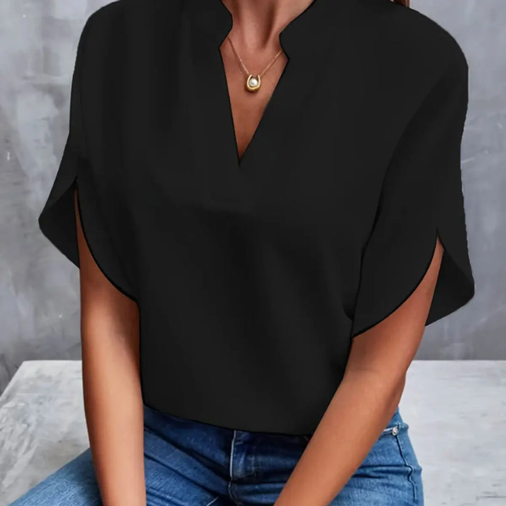 Women Elegant Solid V Neck Blouse Casual Short Sleeve Loose Shirt Summer Solid Tops Harajuku Office Ladt Chiffon Blouse 2026 New - Matrix-studios.com