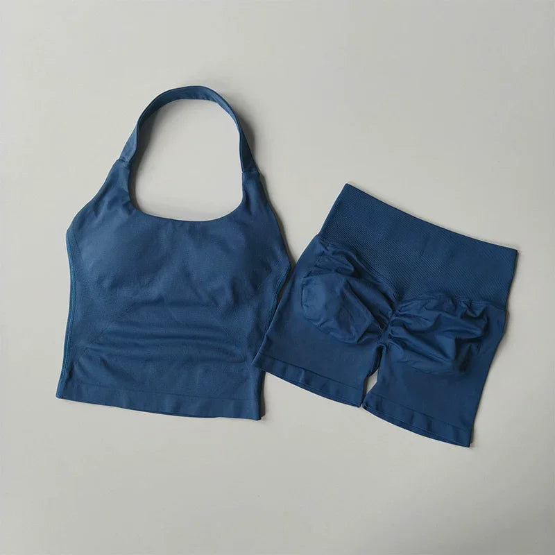 Yoga 2 Pieces Gym Set Women Backless Halter Tops High Waist Seamless Shorts Gym Suit Fitness Sports Bras Sportswear Workout Sets - Matrix-studios.com