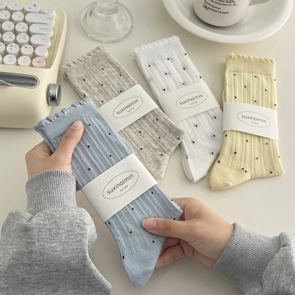 Summer Thin Polka Dot Women Socks Retro Harajuku Cotton Crew Socks Women Girl Fashion Soft Comfortable Japanese Kawaii Cute Sox - Matrix Studios