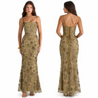 Women Floral Embroidery Sequin Mermaid Prom Dress, Spaghetti Strap Corset Bodycon Long Evening Gown for Wedding Guest Formal Party - Matrix-studios.com
