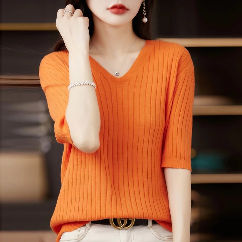 Women's Sweater Spring Summer Short Sleeve V-neck Knit Shirt Casual Korean Pullovers Stripe Bottoming Shirt Slim Fit Jumpers - Matrix Studios
