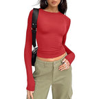 1pcs Four Seasons Fashion Senior Women T-shirt Long Sleeve Crew Neck Solid Slim Fit Tee Ladies Crop Top  Daily Streetwear Camis - Matrix-studios.com